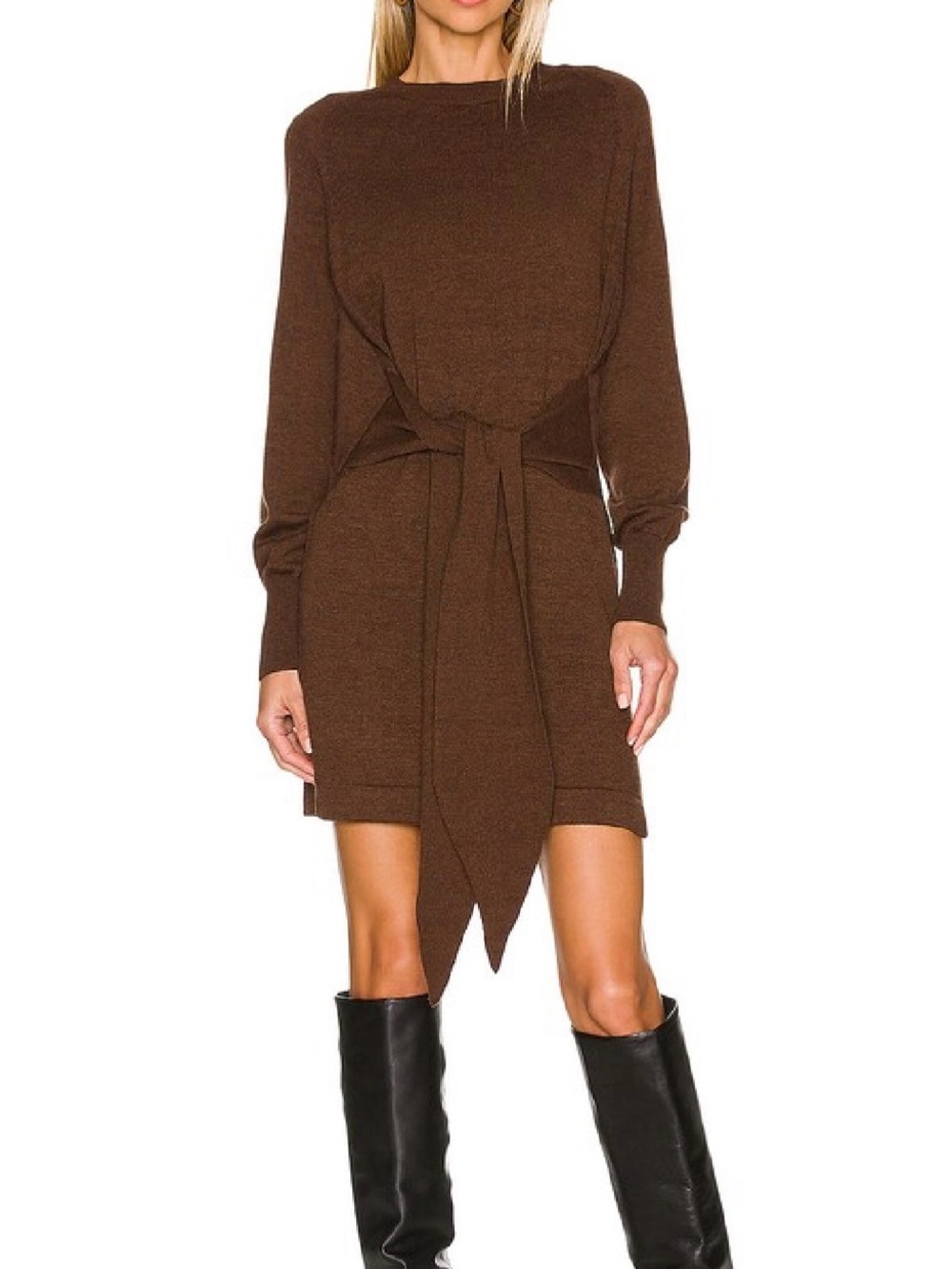 NWOT Lovers + Friends Brown Tie-Waist Mini Sweater Dress